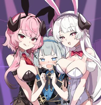 3girls :q ahoge animal_ears bare_shoulders bernina_(stella_sora) between_breasts black_leotard blue_eyes blue_hairband blush bow bowtie breasts commentary demon_horns detached_collar fake_animal_ears fang female_tyrant_(stella_sora) girl_sandwich grey_hair hairband half-closed_eyes heart heart-shaped_pupils highres horns large_breasts leotard long_hair looking_at_viewer multiple_girls necktie necktie_between_breasts open_mouth pink_hair playboy_bunny pointy_ears rabbit_ears red_bow red_bowtie red_eyes red_necktie sandwiched skin_fang smile stella_sora symbol-shaped_pupils textless_version tongue tongue_out tyrant_(stella_sora) virigia_(stella_sora) white_hair white_leotard yucblossom