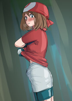 1futa bandana bike_shorts bike_shorts_under_shorts blu_eyes blush brown_hair bulge clothes_lift erection erection_under_clothes from_side futanari gloves lifting_own_clothes looking_to_the_side may_(pokemon) medium_hair nintendo parted_lips pokemon pokemon_rse precum precum_through_clothes raitaroo red_bandana red_shirt shirt shirt_lift short_sleeves shorts skirt solo sweat white_skirt