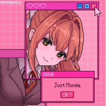1girl brown_hair brown_jacket brown_vest character_name closed_mouth collared_shirt commentary cursor doki_doki_literature_club doki_doki_literature_club_school_uniform english_commentary error_message green_eyes grid_background hair_intakes heart jacket long_hair looking_at_viewer migams2 monika_(doki_doki_literature_club) neck_ribbon pink_background pixel_art red_ribbon ribbon school_uniform shirt smile solo vest white_shirt window_(computing)