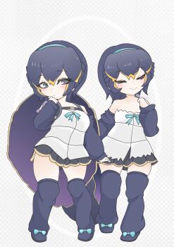 2girls bare_shoulders belt black_eyes black_hair camisole closed_eyes commentary eastern_santa_cruz_giant_tortoise_(kemono_friends) grey_hair hairband highres kemo24vv kemono_friends looking_at_viewer multicolored_hair multiple_girls ribbon shoes short_hair simple_background skirt streaked_hair symbol-only_commentary thighhighs turtle_girl turtle_shell western_santa_cruz_giant_tortoise_(kemono_friends)