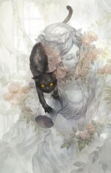 absurdres animal animal_focus black_cat bust_(sculpture) cat commentary_request flower highres korukua looking_at_viewer no_humans original pink_flower pink_rose rose