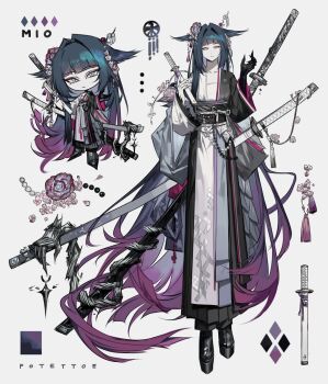 1girl absurdly_long_hair arknights black_boots blue_hair blunt_bangs boots chibi commentary eyeshadow full_body grey_background hair_intakes head_wings highres holding holding_knife japanese_clothes kimono knife long_hair looking_at_viewer makeup mio_(arknights) ootachi potettoe print_kimono reference_sheet sidelocks solo sword very_long_hair wakizashi weapon wings