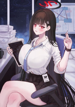 1girl absurdres black_hair black_halo black_skirt blue_archive blue_necktie breasts chair commentary_request halo highres holding holding_pen holding_tablet_pc huge_breasts indoors long_hair necktie night night_sky office on_chair paper_stack pen pleated_skirt red_eyes rio_(blue_archive) shirt sitting skirt sky solo swivel_chair sxrxri_a tablet_pc very_long_hair watch white_shirt wristwatch