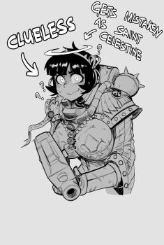 ? adepta_sororitas angel armor arrow_(symbol) assault_rifle azazel_(helltaker) black_hair blush bolter boobplate breastplate breasts ceo_of_cum commentary english_commentary english_text fleur-de-lis glowing glowing_eyes greyscale gun hair_ribbon halo helltaker highres holding holding_gun holding_weapon huge_breasts krekkov looking_at_viewer monochrome pauldrons power_armor purity_seal ribbon rifle short_hair shoulder_armor sweat sweatdrop upper_body warhammer_40k weapon