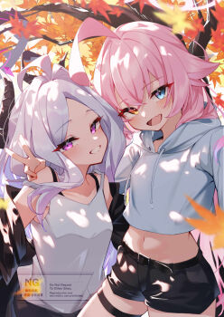 2girls :d ahoge alternate_costume armpits black_jacket black_shorts blue_archive casual collarbone commentary_request cowboy_shot demon_girl demon_horns forehead hair_between_eyes halo head_tilt heterochromia highres hina_(blue_archive) hood hooded_sweater horns hoshino_(blue_archive) jacket long_hair long_sleeves looking_at_viewer midriff multiple_girls navel open_clothes open_jacket open_mouth outdoors parted_bangs pink_hair purple_eyes short_shorts shorts sidelocks smile standing sweater thigh_strap wannu watermark wavy_hair white_hair white_sweater