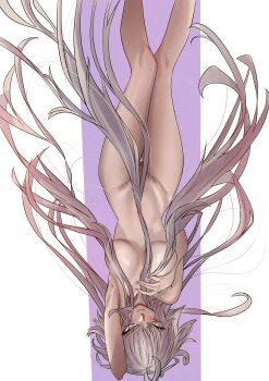 1girl absurdres bare_hips bare_legs blush breasts censored closed_mouth completely_nude fate/grand_order fate_(series) fukou gluteal_fold groin hair_censor highres hip_bones jeanne_d'arc_alter_(avenger)_(fate) jeanne_d'arc_alter_(fate) large_breasts legs long_hair looking_at_viewer nude thigh_gap type-moon upside-down very_long_hair white_hair yellow_eyes