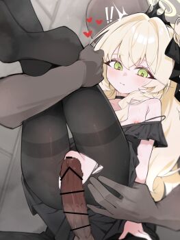 ! !! 1boy 1girl absurdres alternate_costume anus bar_censor black_dress black_pantyhose blonde_hair blue_archive censored commentary_request dark-skinned_male dark_skin dress erection fluffy_hair green_eyes halo heart heart-shaped_pupils hetero highres holding_another's_leg ka_keo legs_up lifting_person long_hair nipple_slip nipples paid_reward_available pantyhose penis professor_niyaniya_(blue_archive) pussy side_ahoge strap_slip sweat symbol-shaped_pupils torn_clothes torn_pantyhose yellow_halo