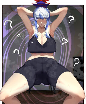 1girl ? absurdres armpits bike_shorts black_bra black_shorts blue_headwear bra clock exercising highres indoors kamishirasawa_keine kikimifukuri multicolored_hair shorts sit-up sportswear sweat tagme touhou two-tone_hair underwear yellow_eyes