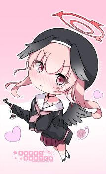 1girl artist_name beret black_choker black_hat black_shirt black_wings blue_archive blush chibi chibi_only choker closed_mouth commentary_request feathered_wings frown full_body gun hair_between_eyes halo hat head_wings heart highres holding holding_gun holding_weapon kaorun_(momiji_hourensou) koharu_(blue_archive) long_hair looking_at_viewer low_wings miniskirt neckerchief nose_blush outline pink_background pink_eyes pink_hair pink_neckerchief pink_skirt pleated_skirt red_halo sailor_collar school_uniform serafuku shirt simple_background single_bare_shoulder skirt solo standing twintails v-shaped_eyebrows weapon white_outline white_sailor_collar winged_halo wings