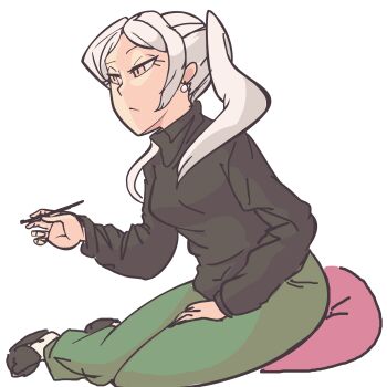 Rule 34 | alternate costume, cushion, davewaterfalls, earrings, female robin (fire emblem), fire emblem, fire emblem awakening, hand on lap, jewelry, nintendo, simple background, sitting, slippers, sweater, turtleneck, turtleneck sweater, white hair, yellow eyes