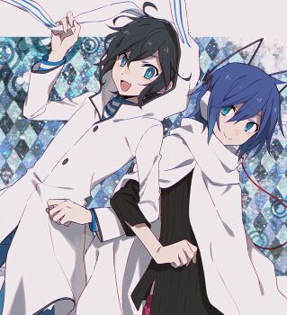 Rule 34 | 2boys, :d, animal ear headphones, animal ears, aqua eyes, argyle background, black hair, black sweater, blue eyes, blue hair, blue pants, buttons, cat ear headphones, cat ears, cloak, closed mouth, commentary request, cowboy shot, devil survivor (series), devil survivor 1, devil survivor 2, double-parted bangs, eyebrows hidden by hair, fake animal ears, fang, gesshoku3, hair between eyes, hand up, headphones, highres, holding, hood, hood up, hooded jacket, in-franchise crossover, jacket, locked arms, long sleeves, looking at another, looking at viewer, male focus, messy hair, multiple boys, open mouth, outside border, pants, pink pants, protagonist (devil survivor), protagonist (devil survivor 2), rabbit ears, shirt, side-by-side, sidelocks, skin fang, sleeves rolled up, smile, striped clothes, striped shirt, sweater, turtleneck, white cloak, white jacket, yellow pupils