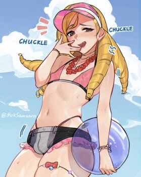 Rule 34 | 1boy, alternate costume, armpits, ball, bare arms, beachball, bead bracelet, beads, bikini, bikini shorts, black bikini, black shorts, blonde hair, blue sky, bracelet, brown eyes, cloud, commentary, commission, covered erect nipples, cowboy shot, crossdressing, crossdressing (mtf), drill hair, fang, fire emblem, fire emblem fates, flower, flower necklace, forrest (fire emblem), half-closed eyes, hand to own mouth, hand up, highres, holding, holding ball, holding beachball, jewelry, laughing, long hair, male focus, micro shorts, navel, necklace, nintendo, notice lines, outdoors, pink bikini, samsara (shuukeura), shorts, skindentation, sky, smug, solo, stomach, swimsuit, thighlet, thighs, trap, visor cap