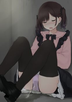 1girl black_shoes black_skirt black_thighhighs blush brown_hair closed_mouth collared_shirt commentary_request drooling foot_out_of_frame frilled_shirt_collar frills highres jirai_kei kanekan knees_up long_sleeves medium_hair nose_blush open_mouth original panties pee peeing peeing_self pink_shirt purple_panties shirt shoes sitting skirt sleeping sleeping_upright solo thighhighs twintails underwear wet wet_clothes wet_panties wet_skirt