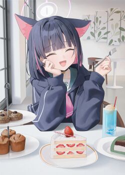 1girl :d ^_^ absurdres animal_ears aya_(lezon) black_hair black_jacket blue_archive blush cafe cake cat_ears cat_girl closed_eyes colored_inner_animal_ears colored_inner_hair commentary cup cupcake drinking_glass elbows_on_table extra_ears food fork halo hand_on_own_cheek hand_on_own_face happy head_rest highres holding holding_fork hood hood_down hooded_jacket ice_cream ice_cream_float indoors jacket kazusa_(blue_archive) multicolored_hair open_mouth pink_hair pink_halo plate short_hair smile solo strawberry_shortcake upper_body