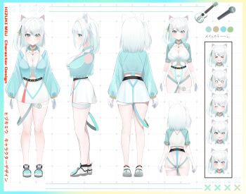 &gt;_&lt; 1girl :3 absurdres ahoge animal_ear_fluff animal_ears aqua_border aqua_hair aqua_jacket aqua_ribbon aqua_shirt ass belt black_belt blush border breasts cat_ears reference_sheet cleavage cleavage_cutout clothing_cutout collared_jacket color_guide colored_inner_hair commentary_request cropped_jacket elbow_gloves multiple_expressions from_behind from_side gloves gold_trim gradient_border green_eyes green_ribbon grid groin hair_ornament hair_ribbon hairclip highleg highleg_one-piece_swimsuit highres hizuki_miu indie_virtual_youtuber instrument jacket jewelry large_breasts leg_ribbon long_sleeves medium_breasts medium_hair microphone multicolored_hair multiple_views necklace neon_trim o_o official_art one-piece_swimsuit popped_collar puffy_long_sleeves puffy_sleeves ribbon shirt shoes side_ponytail skindentation skirt sleeves_past_wrists sneakers swimsuit thigh_ribbon thigh_strap touyou_(39kir) turnaround ukulele virtual_youtuber white_background white_footwear white_gloves white_hair white_one-piece_swimsuit white_shirt white_skirt wing_collar yellow_border