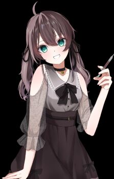 Rule 34 | 1girl, ahoge, belt, black belt, black choker, black ribbon, blank eyes, brown hair, choker, hair ribbon, heart, heart choker, high-waist skirt, highres, holding, holding syringe, hololive, nanahoshi (n bl08), natsuiro matsuri, natsuiro matsuri (casual), ribbon, skirt, solo, syringe, virtual youtuber
