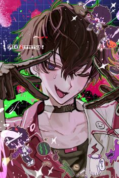 1boy absurdres black_choker black_gloves blush brown_hair chibi choker collarbone commentary_request dark_background double-parted_bangs double_v doyagao ear_piercing fang gloves grid_background hair_between_eyes hands_up head_tilt highres jitome looking_at_viewer male_focus multicolored_shirt nijisanji numata_zombie one_eye_closed open_mouth paint_splatter piercing pink_shirt portrait purple_eyes raised_eyebrow red_pupils ringed_eyes saiki_ittetsu shiny_gloves shirt short_hair sidelighting skin_fang smile smug solo sweat tongue undershirt v v_over_eye virtual_youtuber wavy_hair white_shirt