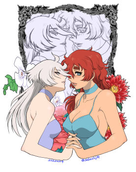 2girls bilingual_commentary blue_dress blue_eyes breasts cleavage commentary dated dress english_commentary grey_hair gundam gundam_suisei_no_majo highres holding_hands interlocked_fingers large_breasts long_hair medium_breasts miorine_rembran mixed-language_commentary multiple_girls purple_dress red_hair sabachiyo_land sleeveless sleeveless_dress suletta_mercury twitter_username yuri