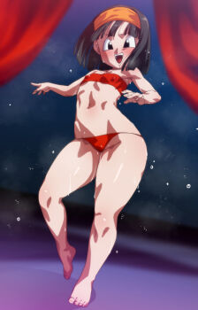 Rule 34 | 1girl, bandeau, barefoot, black eyes, black hair, commentary request, covered erect nipples, curvy, dancer, dancing, dragon ball, dragon ball heroes, flat chest, full body, hairband, looking at viewer, open mouth, orange hairband, pan (dragon ball), pan (xeno) (dragon ball), petite, red bandeau, red loincloth, rom (20), shiny skin, smile, solo, sweat, teeth, thong, toes, upper teeth only, veil, wide hips