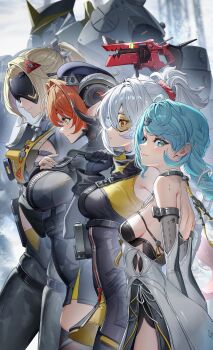 00nanona 1other 4girls absurdres aqua_eyes arms_behind_back black_gloves black_thighhighs blindfold blindfold_mask blonde_hair blue_hair braid breasts closed_mouth commentary_request elbow_gloves fingerless_gloves gloves grey_hair guest_art highres long_hair looking_at_viewer looking_to_the_side magus_(zenless_zone_zero) mask mole multiple_girls orange_hair orphie_magnusson pants ponytail red_eyes seed_(zenless_zone_zero) seed_sr. sideboob smile soldier_11_(zenless_zone_zero) thighhighs tight_clothes tight_pants trigger_(zenless_zone_zero) white_gloves yellow_eyes zenless_zone_zero