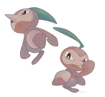 absurdres black_eyes clenched_hand closed_eyes closed_mouth commentary_request frown full_body gen_3_pokemon highres looking_at_viewer multiple_views nintendo no_humans nuzleaf ouran pokemon pokemon_(creature) simple_background white_background