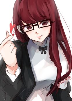 1girl artist_name black-framed_eyewear black_jacket blush closed_mouth finger_heart glasses hand_up heart highres jacket jacket_partially_removed long_hair long_sleeves looking_at_viewer nail_polish persona persona_5 persona_5_the_royal rectangular_eyewear red_eyes red_hair red_nails school_uniform shirt shuujin_academy_school_uniform simple_background smile solo swept_bangs upper_body white_background white_shirt yoshizawa_sumire yuxine
