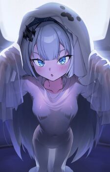 1girl :o absurdres alternate_costume ariz_se backlighting bed_sheet blue_eyes blue_hairband blush breasts claw_pose collarbone commentary covered_navel extra_pupils female_tyrant_(stella_sora) from_above ghost_costume grey_hair hair_ornament hairband highres long_hair naked_sheet see-through_clothes small_breasts solo stella_sora symbol-only_commentary thigh_gap tyrant_(stella_sora) very_long_hair