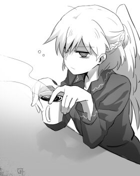 1girl artist_self-insert bad_id bad_pixiv_id bags_under_eyes braid coffee dress female_focus glaring gradient_background greyscale half_up_half_down_braid kishin_sagume looking_at_viewer monochrome no_jacket shaded_face shikushiku_(amamori_weekly) short_hair single_wing sleepy solo touhou upper_body waking_up when_you_see_it white_background wings