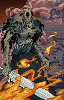 Rule 34 | 1boy, black skirt, cape, castle, colored skin, commentary, cowboy shot, crown, dark souls (series), dark souls ii, english commentary, fire, fol463, grey cape, grey skin, highres, holding, holding sword, holding weapon, hollow body, male focus, procreate (medium), skirt, solo, sword, the giant lord, torn cape, torn clothes, weapon