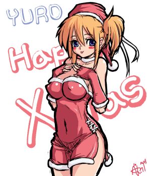 Rule 34 | 1girl, :p, bare shoulders, blonde hair, blue eyes, blush stickers, breast suppress, breasts, choker, christmas, cleavage, collarbone, covered erect nipples, dress, female focus, fingerless gloves, gloves, hair ribbon, hat, highres, hip focus, impossible clothes, impossible dress, large breasts, looking at viewer, merry christmas, navel, original, own hands together, red gloves, red skirt, ribbon, santa costume, santa hat, shiny clothes, shiny skin, short hair, side ponytail, side slit, sidelocks, simple background, skin tight, skirt, smile, solo, standing, thighs, tongue, tongue out, white background, yuro (yuroaoj)