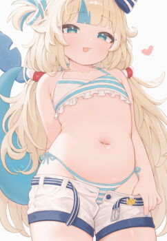 1girl armpit_crease bikini bikini_bottom_under_shorts bikini_under_clothes blonde_hair blue_bikini blue_bow blue_eyes blue_hair blue_nails bow clothes_pull cowboy_shot fang fins fish_girl fish_tail flat_chest fokkahim7 frilled_bikini frills hair_bow heart indie_virtual_youtuber lifebuoy_hair_ornament loli long_hair looking_at_viewer low_twintails multicolored_hair nail_polish navel one_side_up open_clothes open_mouth open_shorts sameko_saba short_shorts shorts shorts_pull side-tie_bikini_bottom simple_background skin_fang solo streaked_hair striped_bikini striped_clothes swimsuit tail twintails very_long_hair virtual_youtuber white_background white_shorts