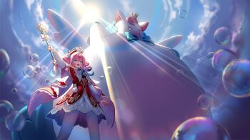 Rule 34 | 1girl, air bubble, aqua eyes, arm up, bubble, cloud, commentary, detached sleeves, dress, drill hair, from below, honkai: star rail, honkai (series), hyacine (honkai: star rail), little ica (honkai: star rail), long sleeves, open mouth, outdoors, pantyhose, pegasus, pink hair, red dress, silence girl, sky, smile, standing, twin drills, twintails, white pantyhose