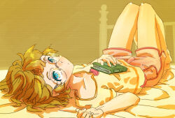 Rule 34 | 1girl, bed, blue eyes, book, ei (eikun), expressionless, glasses, ichinose minori, knees up, light brown hair, looking at viewer, lying, on back, on bed, precure, round eyewear, shirt, short hair, shorts, sketch, solo, thigh gap, tropical-rouge! precure