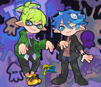 2boys black_jacket black_pants black_shirt black_shoes blue_eyes blue_hair blue_shirt bow bowtie bracelet brown_sweater_vest crossover fang full_body glasses green_hair green_jacket hair_between_eyes highres hood hood_down humanization iggy_koopa inkling jacket jewelry looking_at_viewer looking_to_the_side ludwig_von_koopa lzesmelt male_focus mario_(series) multiple_boys necktie nintendo octoling one_eye_closed orange_necktie pants purple_bow purple_bowtie semi-rimless_eyewear sharp_teeth shirt shoes side_ponytail smile sneakers spiked_bracelet spikes splatoon_(series) sweater_vest teeth tentacle_hair yellow_shoes