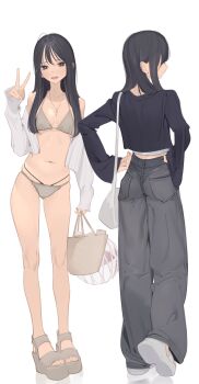 1girl ama_mitsuki ass bag bikini black_pants black_shirt commentary_request cross cross_necklace full_body grey_bikini highres holding holding_bag jacket jewelry long_sleeves multiple_views navel necklace open_clothes open_jacket original pants pocket shirt simple_background standing stomach swimsuit v white_background white_jacket