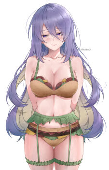 Rule 34 | 1girl, absurdres, blonde hair, blush, bra, breasts, burger costume, colored inner hair, commentary, food-themed clothes, highres, hololive, hololive indonesia, horisu (kholiskun), long hair, moona hoshinova, multicolored hair, navel, panties, purple eyes, purple hair, smile, solo, starry hair, symbol-only commentary, underwear, underwear only, virtual youtuber