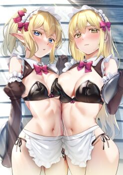 2girls absurdres aiz_wallenstein apron areola_slip asymmetrical_docking bikini black_bikini black_gloves blonde_hair blue_eyes blush breast_press breasts commentary_request commission dungeon_ni_deai_wo_motomeru_no_wa_machigatteiru_darou_ka elbow_gloves elf gloves highres holding holding_tray large_breasts long_hair looking_at_viewer maid maid_bikini maid_headdress multiple_girls navel noshiro_tomoya pixiv_commission pointy_ears ponytail ryu_lion side-tie_bikini_bottom swimsuit tray unconventional_maid waist_apron yellow_eyes