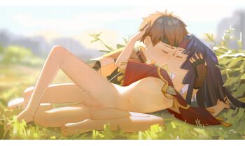 1boy 1girl absurdres barefoot blush bottomless censored feet fingerless_gloves fire_emblem fire_emblem:_path_of_radiance flat_chest gloves grass green_headband hand_on_another&#039;s_head headband hetero highres kiss kodomo_doushi loli lying mosaic_censoring navel nintendo nipples on_side orange_hair outdoors penis purple_hair pussy red_headband ri-el sanaki_kirsch_altina sex sex_from_behind shota tormod_(fire_emblem) vaginal