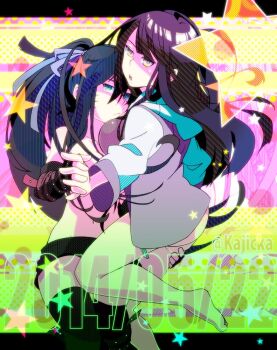 2girls artist_name barefoot dated genderswap genderswap_(mtf) hair_ribbon holding_hands hyuuga_hinata interlocked_fingers kajicka long_hair multiple_girls naruko_(naruto) naruto:_road_to_ninja naruto_(classic) naruto_(series) naruto_shippuuden open_mouth ribbon thighhighs uzumaki_menma