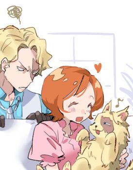 1boy 1girl animal blonde_hair blue_shirt blush cat closed_eyes commentary heart holding holding_animal koala_(one_piece) looking_at_another lowres musical_note necktie one_piece open_mouth orange_hair parted_lips pink_shirt puffy_short_sleeves puffy_sleeves raine_(acke2445) sabo_(one_piece) scar scar_on_face shirt short_hair short_sleeves sitting smug squiggle symbol-only_commentary upper_body