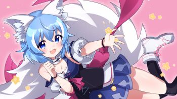 Rule 34 | 1girl, animal ear fluff, animal ears, blue eyes, blue hair, bracelet, clenched hand, commentary, english commentary, fang, highres, indie virtual youtuber, jewelry, kneehighs, looking at viewer, multicolored hair, pale skin, pink background, reaching, reaching towards viewer, second-party source, shake (noripasuta), skin fang, socks, solo, star (symbol), streaked hair, tail, thighs, virtual youtuber, white streaks, wolf ears, wolf girl, wolf tail, wolfychu