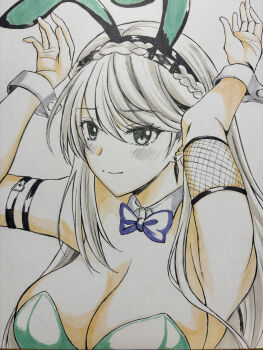 1girl animal_ear_hairband animal_ears blush bow bowtie braid breasts cleavage comiket_107 commentary_request crown_braid detached_collar double-parted_bangs earrings eiyuu_densetsu elaine_auclair fake_animal_ears green_eyes green_leotard grey_hair hair_between_eyes hairband highres jewelry kagura_yuuto kuro_no_kiseki_(series) large_breasts leotard photoshop_(medium) pink_leotard playboy_bunny portrait purple_bow purple_bowtie rabbit_ear_hairband rabbit_ears single_earring strapless strapless_leotard traditional_bowtie traditional_media white_wrist_cuffs wrist_cuffs