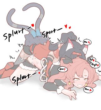 1futa 1girl absurdres animal_ear_fluff animal_ears barcode barcode_tattoo black_ribbon blush cat_ears cat_girl cat_tail clenched_teeth cum cutoffs earrings facial_mark forehead_mark forehead_tattoo futa_with_female futanari green_eyes hairband heart heart_earrings highres implied_futanari jewelry micro_shorts multiple_tails nekomiya_mana nicole_demara physisyoon pink_hair rape red_hairband red_sleeves ribbon rolling_eyes sex sex_from_behind shorts sound_effects sweat tail tattoo teeth triangle triangle_facial_mark twitching two_tails white_background zenless_zone_zero