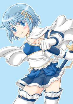 1girl belt blue_background blue_eyes blue_hair blue_skirt blush cape commentary detached_sleeves fortissimo frills gloves hair_ornament highres holding holding_sword holding_weapon kurumaya_maa looking_at_viewer magical_girl mahou_shoujo_madoka_magica mahou_shoujo_madoka_magica_(anime) miki_sayaka miki_sayaka_(magical_girl) miniskirt musical_note musical_note_hair_ornament outline short_hair simple_background skirt solo sword thigh_belt thigh_strap thighhighs weapon white_cape white_gloves white_outline white_thighhighs