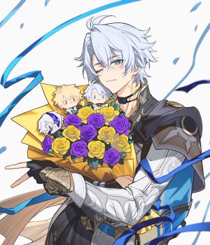 1boy absurdres antenna_hair arm_armor armor belt black_belt black_choker black_gloves black_pants blue_cape blue_eyes bouquet cape character_doll choker closed_mouth commentary confetti cowboy_shot crossed_bangs doll english_commentary fingerless_gloves flame_reaver_of_the_deepest_dark floating_cape flower gloves gold_trim hair_between_eyes hei_lang highres holding holding_bouquet honkai:_star_rail honkai_(series) jacket leaf long_sleeves looking_at_viewer male_focus neck_tattoo one_eye_closed pants phainon_(honkai:_star_rail) phainon_(khaslana)_(honkai:_star_rail) purple_flower purple_rose rose short_hair shoulder_armor simple_background single_glove smile solo standing sun_symbol sun_tattoo tan tape tattoo two-sided_cape two-sided_fabric upper_body v white_background white_hair white_jacket yellow_cape yellow_flower yellow_pupils yellow_rose