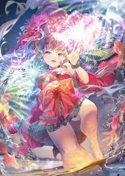 1girl animal_ears bare_legs barefoot black_scrunchie blue_ribbon blurry bokeh bow bow_skirt breasts carp casting_spell clothing_request depth_of_field detached_sleeves fangs fireworks flower fox_ears fox_girl fox_mask fox_tail frilled_skirt frills from_below grey_hair grey_skirt hair_bow hair_bun hand_up hat hat_flower highres holding holding_staff koi light_particles light_rays magic mask medium_breasts medium_hair multicolored_eyes negimapurinn night open_mouth original outdoors purple_hat red_bow red_sleeves ribbon scrunchie sidelocks single_bare_shoulder single_hair_bun skirt solo staff star_(symbol) symbol_in_eye tail underboob wading water wind_chime witch witch_hat wrist_scrunchie