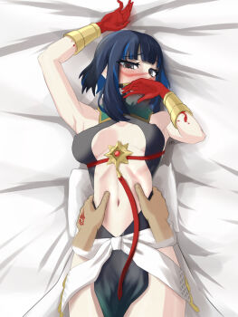 1girl arm_up bare_shoulders bed_sheet black_hair black_skirt blood blood_on_hands blue_hair blush bracer breasts colored_inner_hair command_spell dantonphanton detached_collar disembodied_hand facepaint fate/grand_order fate_(series) grey_eyes halterneck high_collar highres looking_at_viewer lying medium_breasts multicolored_hair on_back pelvic_curtain sash short_hair sidelocks skirt solo_focus tenochtitlan_(fate) tenochtitlan_(first_ascension)_(fate) thighs