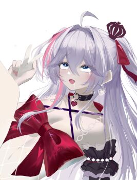 1girl absurdres ahegao ahoge bare_shoulders blue_eyes blush bow breasts choker cleavage collarbone crown detached_sleeves drooling earrings fishnets frills hair_between_eyes hair_intakes hair_ribbon hand_up he_yue heart heart-shaped_pupils heart_earrings highres implied_sex jewelry kanami_(century_idol)_(strinova) kanami_(strinova) knees_up leaning_back leg_up long_hair medium_breasts mini_crown multicolored_hair nail_polish navel o-ring o-ring_choker open_mouth pink_hair ribbon saliva saliva_trail side_ponytail sidelocks strinova symbol-shaped_pupils tongue v white_hair