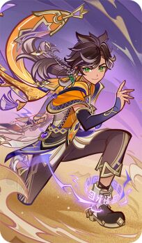 Rule 34 | 1boy, bad source, black boots, black gloves, black pants, boots, bow (weapon), braid, brown hair, cape, closed mouth, dark-skinned male, dark skin, desert, elbow gloves, fingerless gloves, floating hair, genius invokation tcg (style), genshin impact, gloves, gold trim, green eyes, hair between eyes, hand up, holding, holding bow (weapon), holding weapon, long hair, looking at viewer, low ponytail, male focus, multicolored hair, official art, on one knee, orange cape, outdoors, pants, parted bangs, ponytail, purple sash, sand, sash, scion of the blazing sun (genshin impact), sethos (genshin impact), shirt, sleeveless, sleeveless shirt, smile, solo, streaked hair, swept bangs, tassel, vision (genshin impact), weapon, white shirt