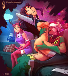 1boy 3girls arm_up black_boots black_leotard blackfire boots bottomless breasts christmas_ornaments christmas_tree clothes_lift clothes_pull colored_skin commentary cuckquean cup dated dc_comics dick_grayson domino_mask drinking elbow_gloves english_commentary eye_mask fake_antlers forehead_jewel fur-trimmed_gloves fur-trimmed_thighhighs fur_trim gloves green_eyes grey_skin hand_on_another&#039;s_ass hand_on_another&#039;s_head hat heart hetero high_heels holding holding_cup indoors leotard long_hair looking_at_another looking_back looking_to_the_side mask medium_breasts midriff multiple_girls navel netorare nipples open_mouth orange_skin pants pants_pull penis purple_hair purple_skirt purple_tank_top queen_complex raven_(dc) red_gloves red_hair red_thighhighs robin_(dc) santa_hat sex shirt_lift short_eyebrows short_hair siblings sideways_glance sisters sitting skirt sleeved_leotard sleeveless starfire superhero_costume tamaranean tank_top teen_titans thigh_boots thighhighs unworn_skirt watermark web_address